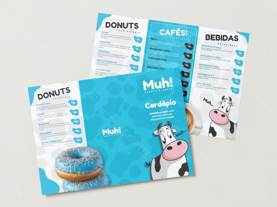 Cardápio de cafeteria com donuts azul e branco Editável no Canva