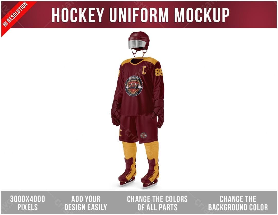 Mockup Uniforme Hóquei: Vermelho Burgundi e Dourado