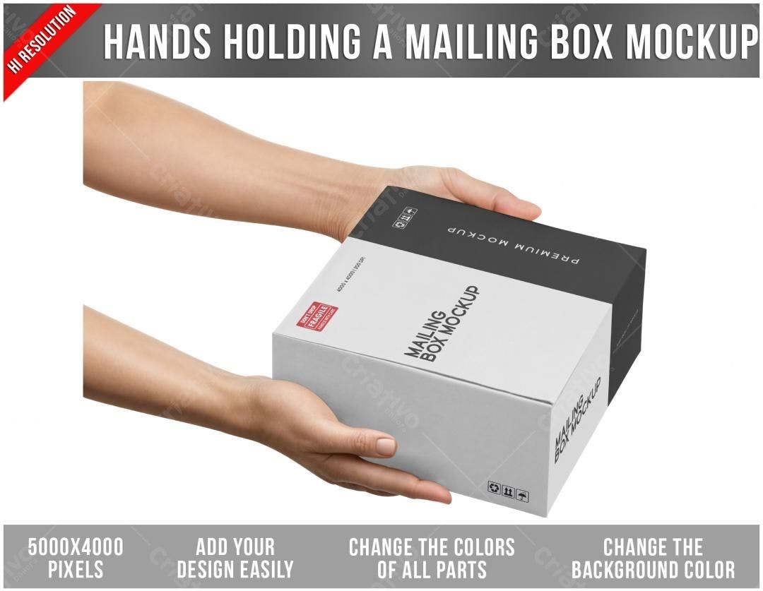Mockup Caixa Postal: Mãos segurando caixa cinza e preta