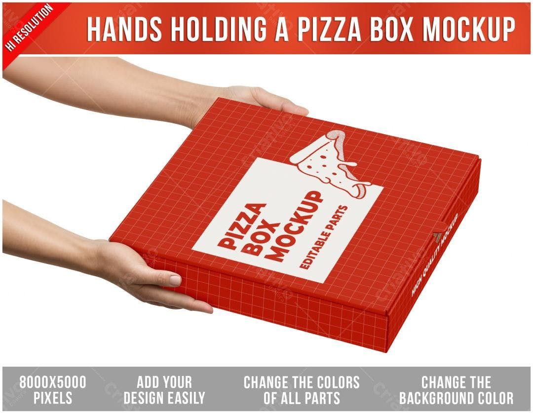 Mockup de Caixa de Pizza Vermelha em Mãos