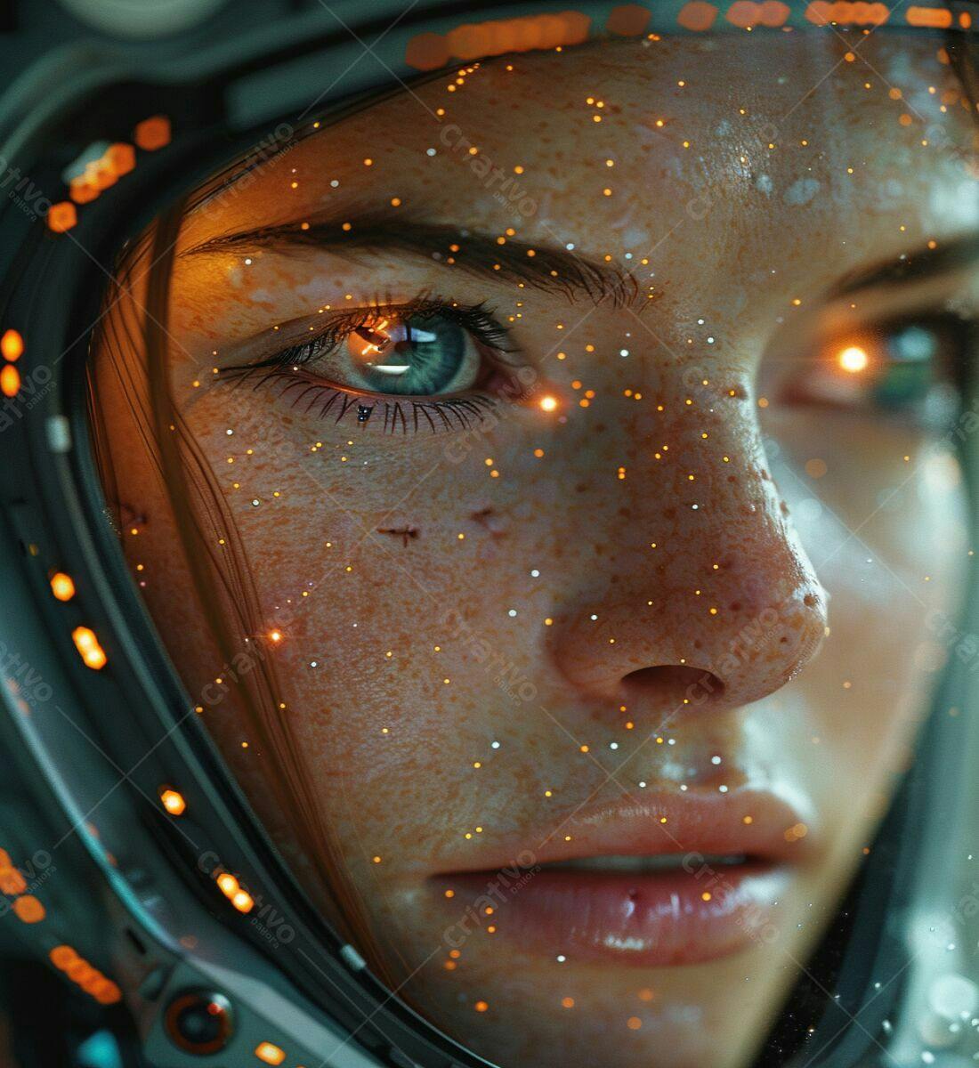 Rosto feminino em visor de astronauta