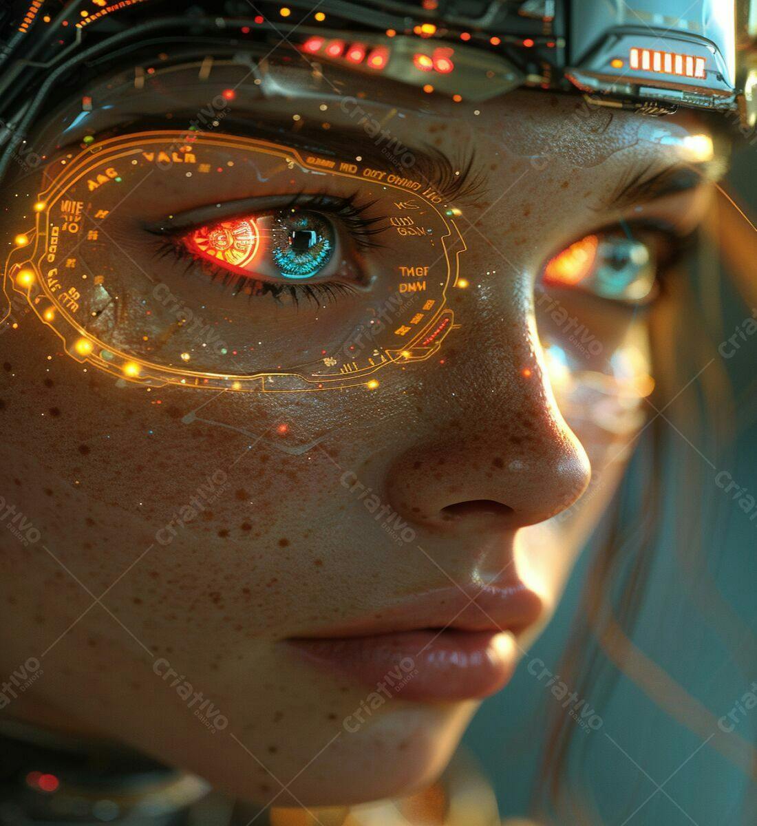 Rosto feminino com interface futurista