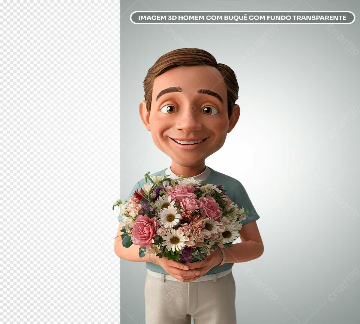Imagem 3D Homem com Buquê de Flores PSD Editável