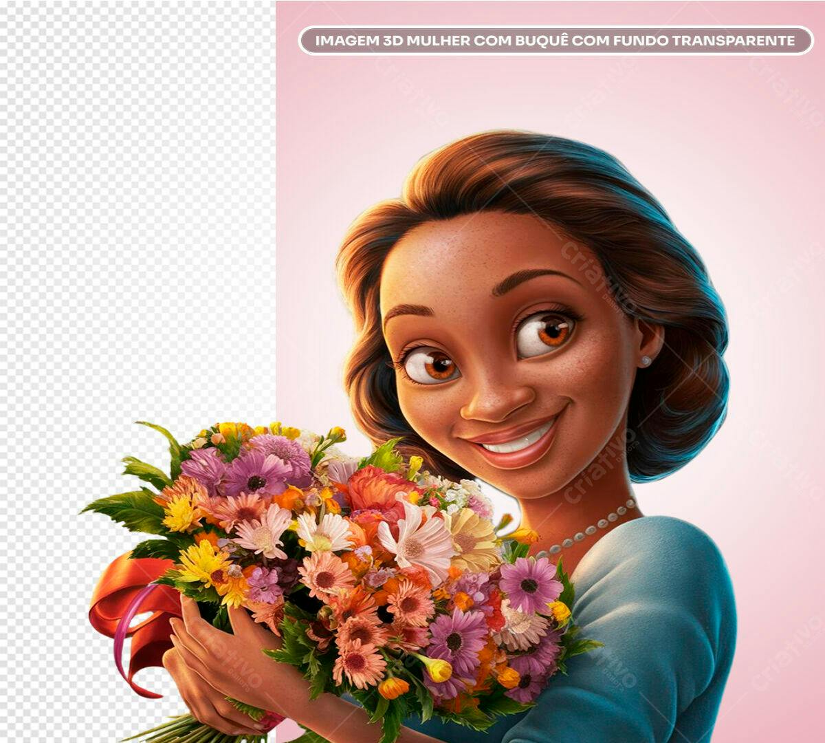 Imagem 3D Mulher com Buquê Dia das Mães PSD Editável