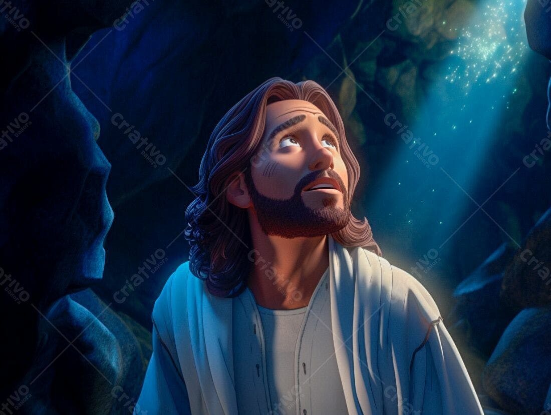 Jesus contemplativo em caverna azul