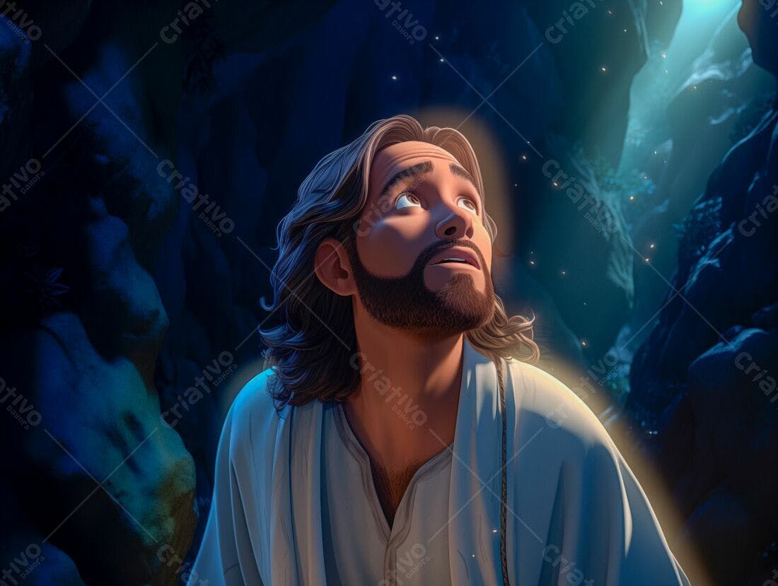 Jesus contemplativo em caverna escura
