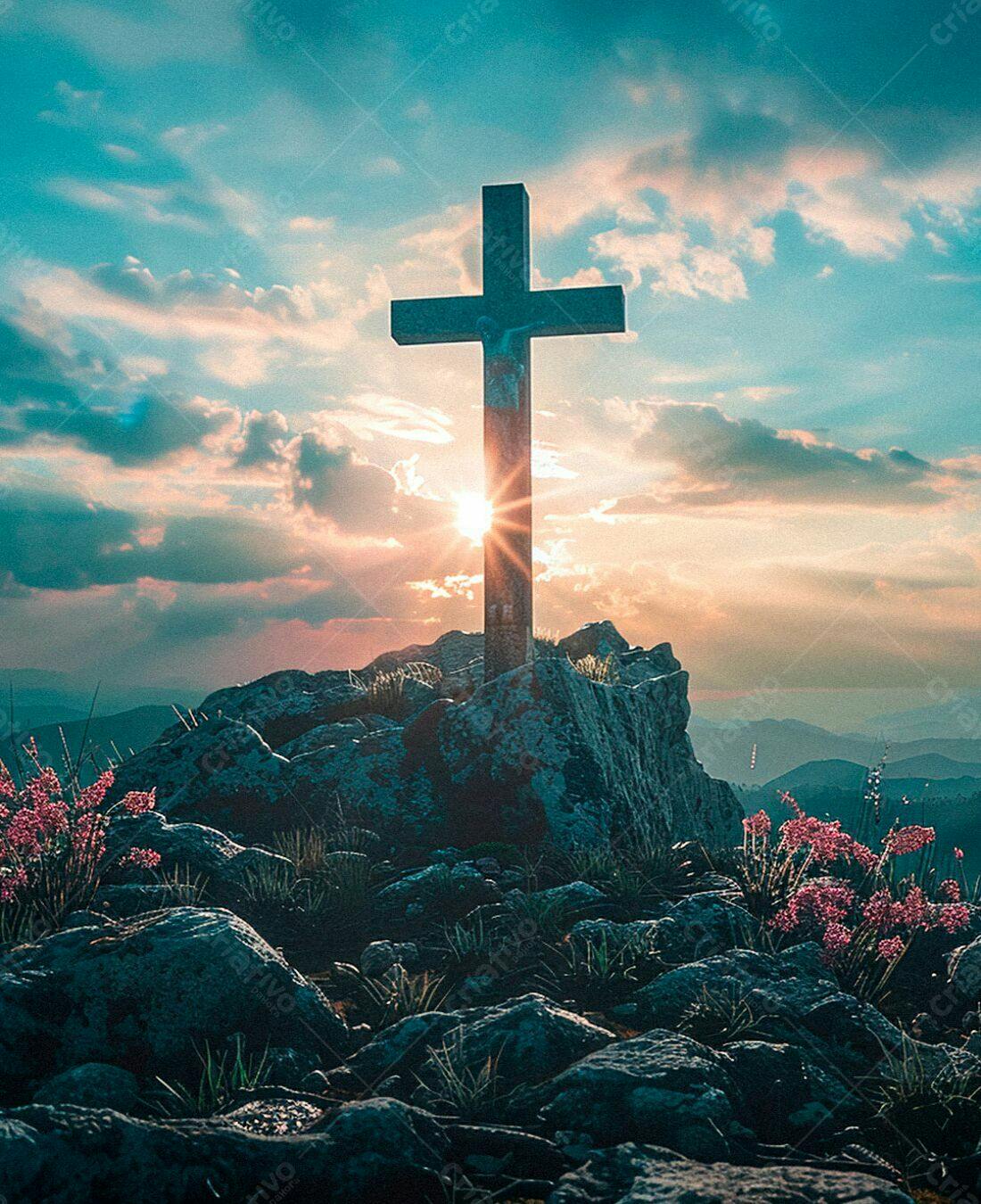 Cruz em Montanha ao Pôr do Sol