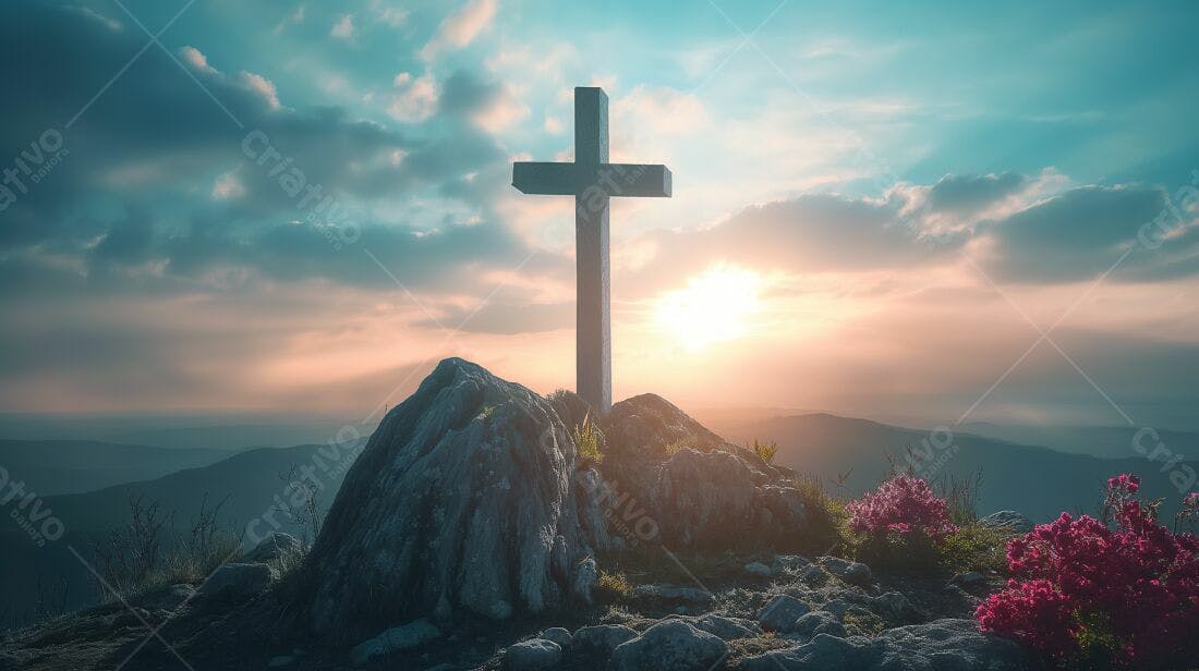 Cruz no topo da montanha ao pôr do sol