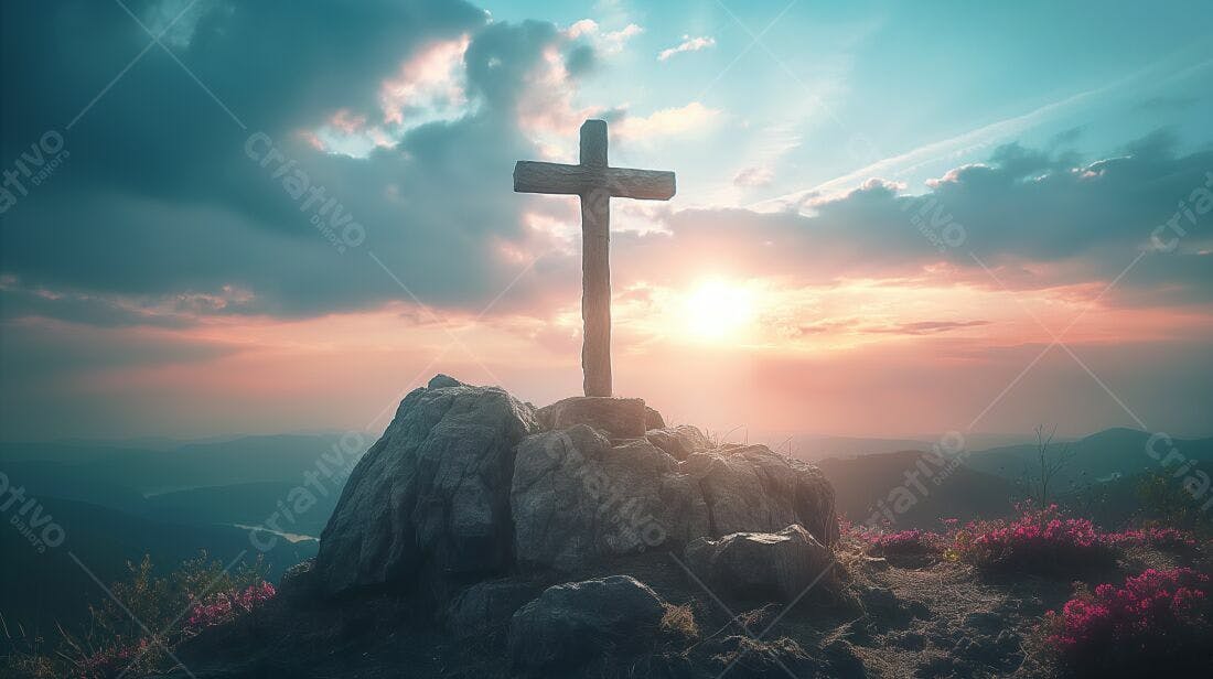 Cruz de madeira em montanha ao entardecer