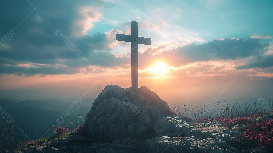 Cruz em Montanha ao Pôr do Sol