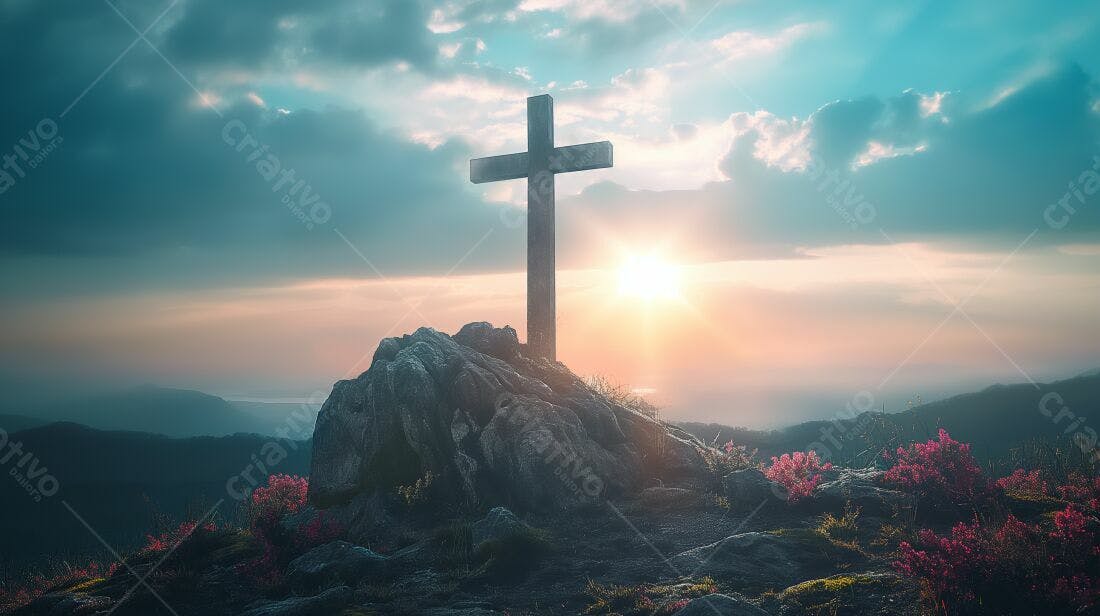 Cruz de madeira em montanha ao nascer do sol
