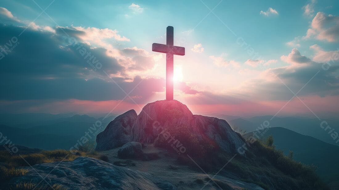 Cruz no topo da montanha ao pôr do sol