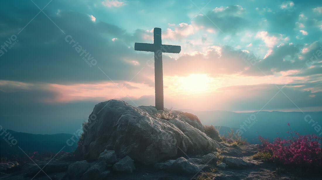 Cruz em Montanha ao Pôr do Sol