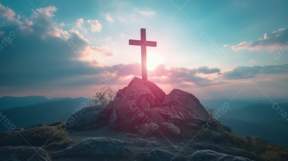Cruz em montanha ao pôr do sol