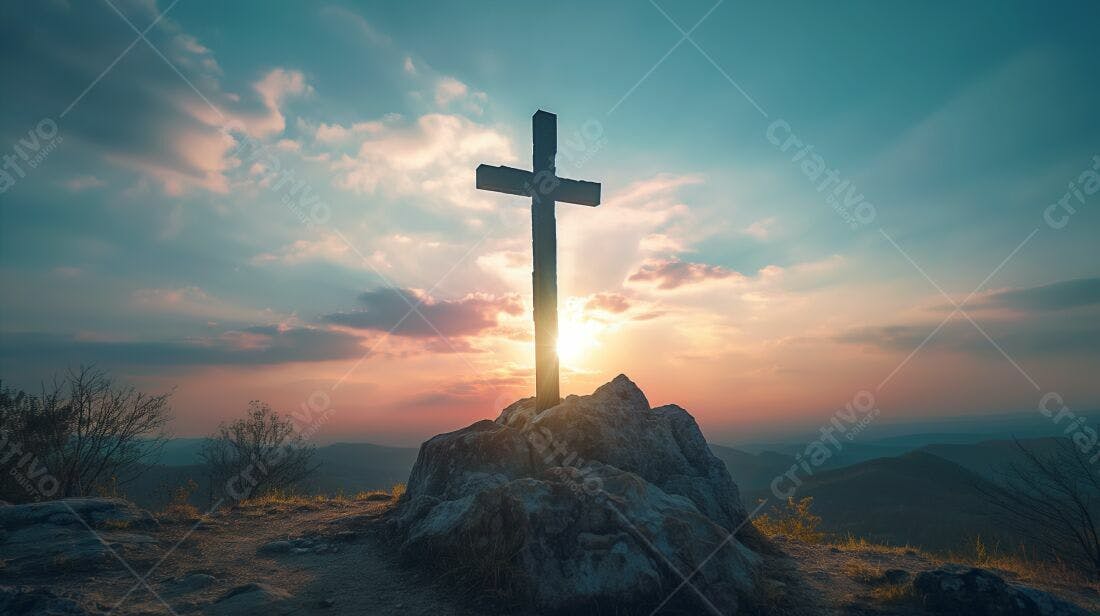Cruz no topo da montanha ao entardecer