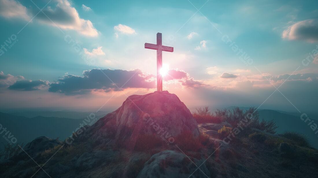 Cruz no topo da montanha ao pôr do sol