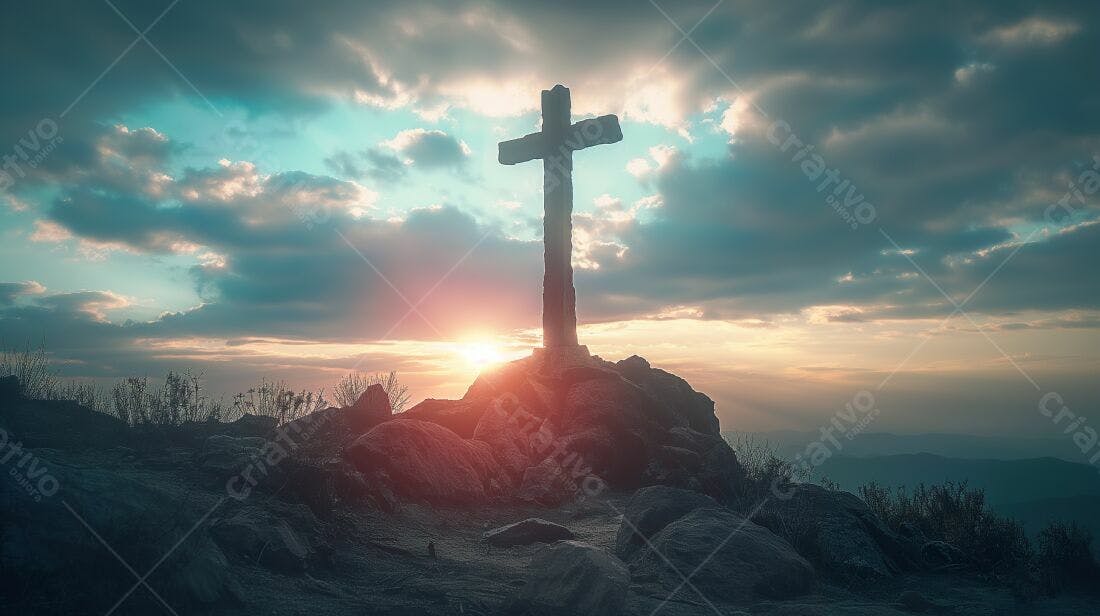 Cruz de pedra no topo da montanha ao pôr do sol