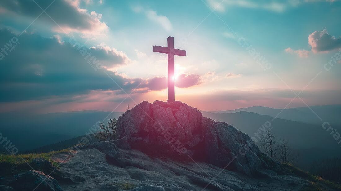 Cruz em Montanha ao Pôr do Sol