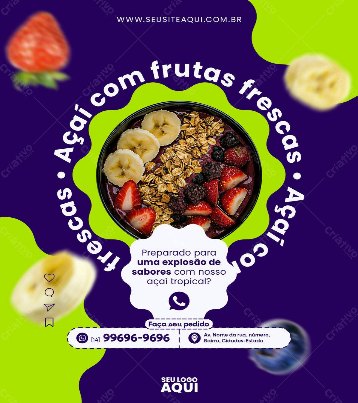 Flyer para Açaí com Frutas Frescas PSD Editável