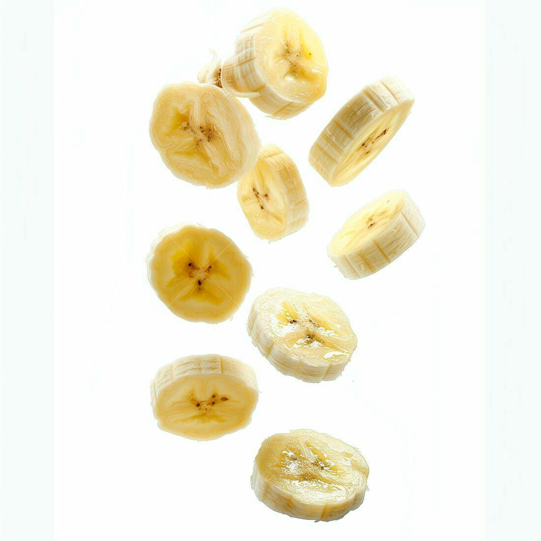 Fatias de Banana caindo fundo branco