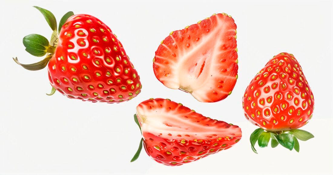 Morangos vermelhos em levitação fundo branco