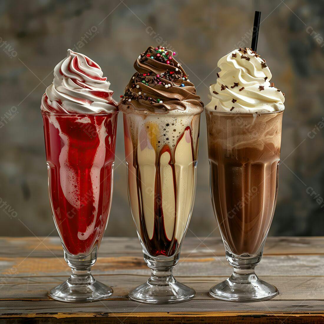 Três milk shakes saborosos em copos altos