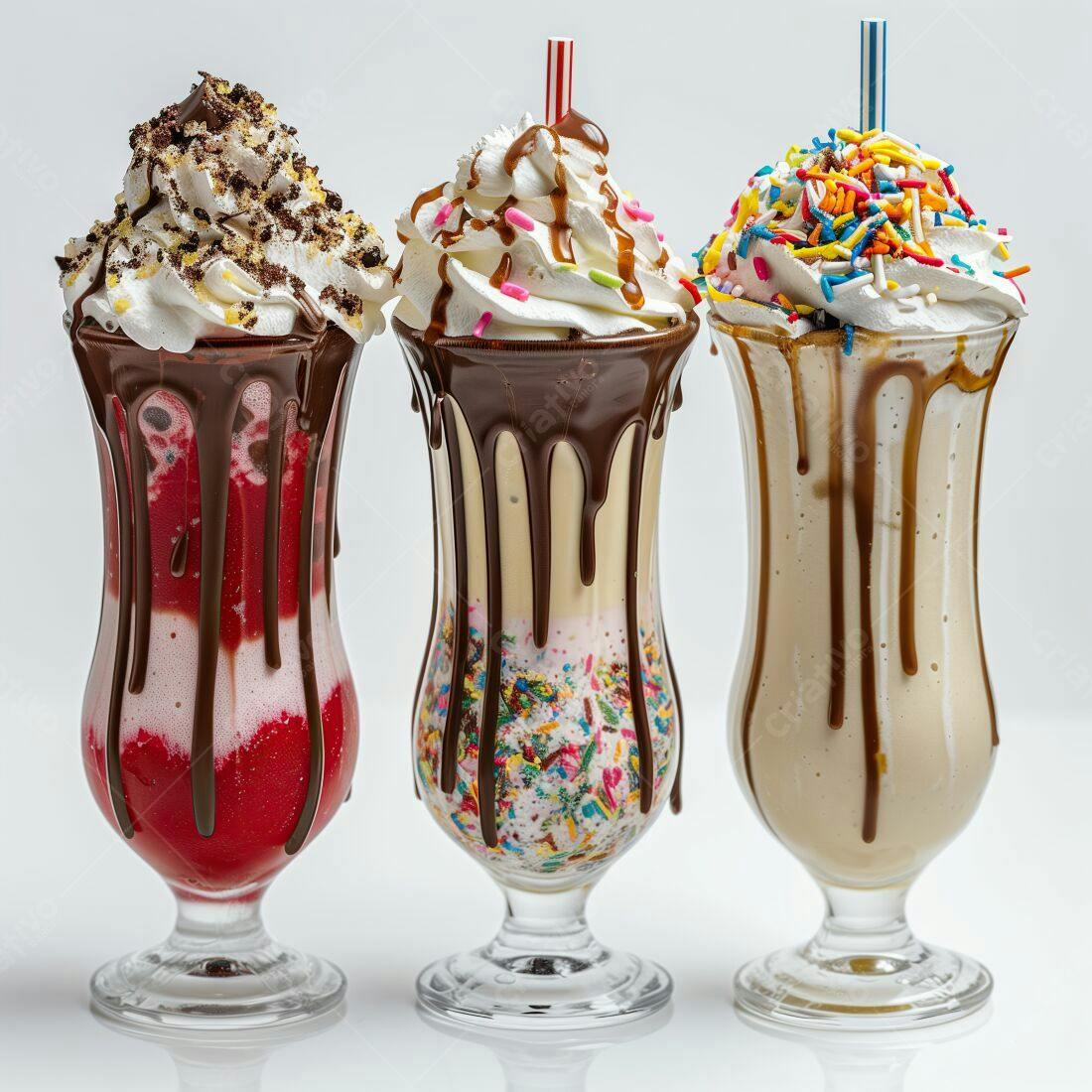 Três milk shakes deliciosos com cobertura de chocolate