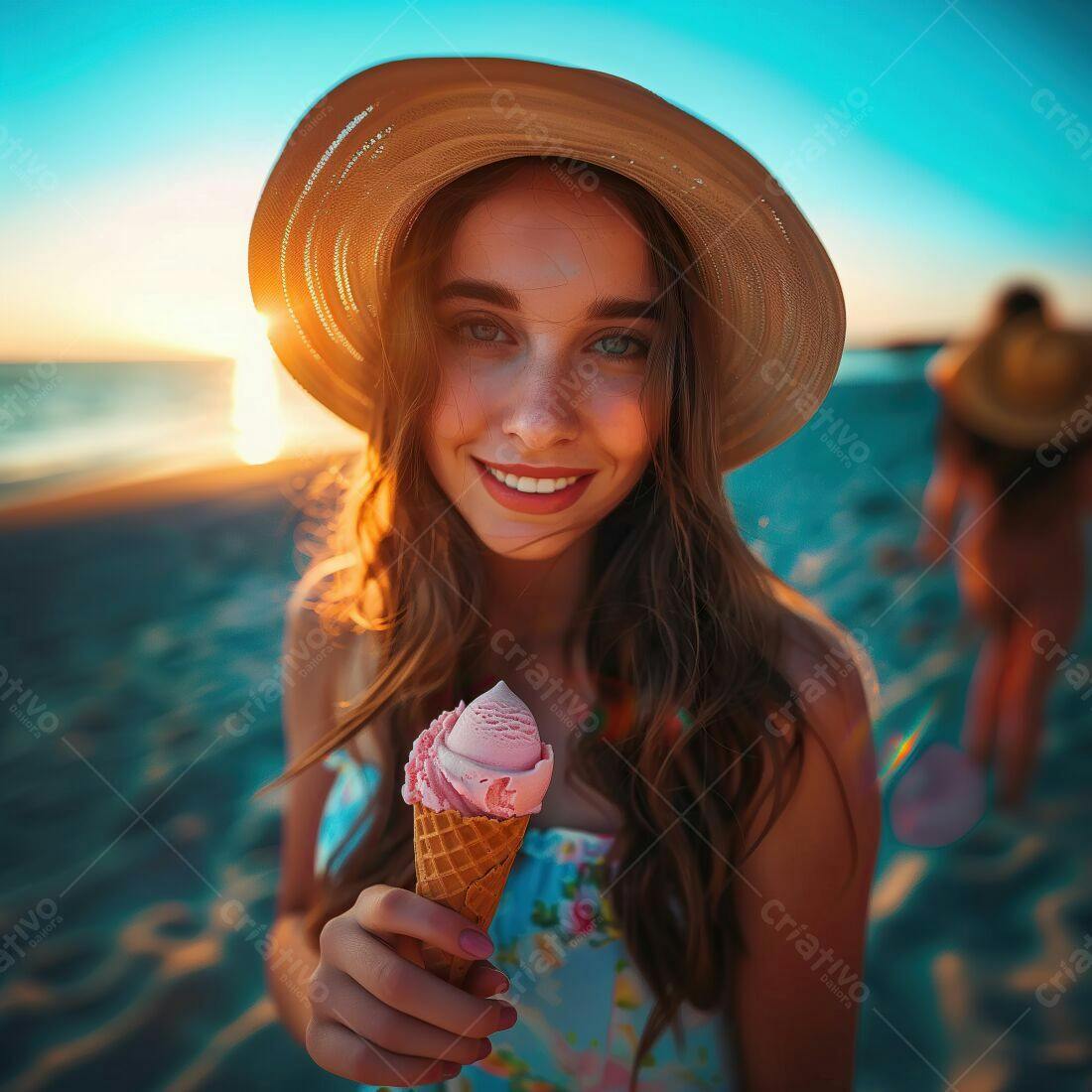 Mulher com sorvete na praia ao entardecer