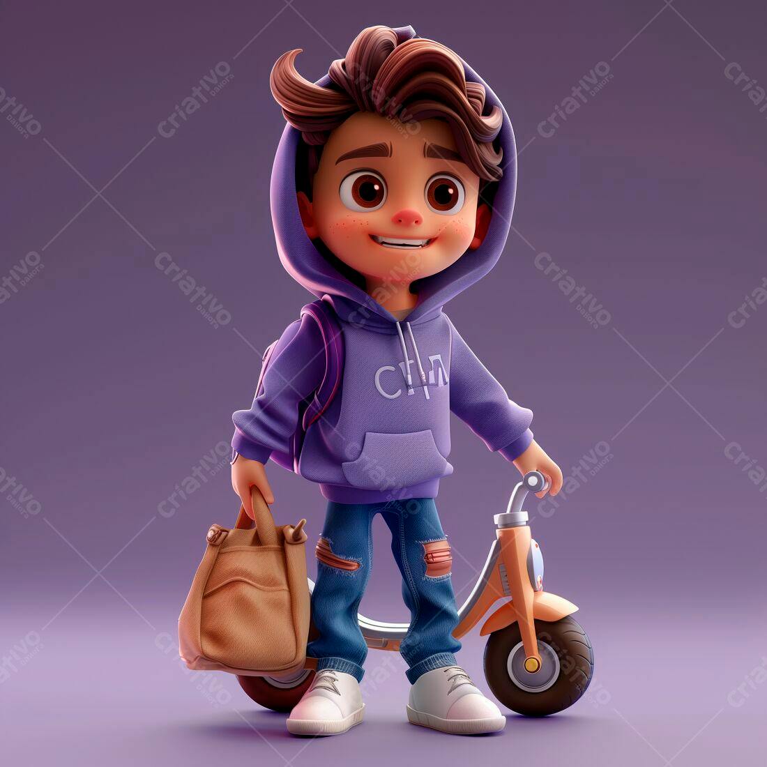 Menino com mochila e patinete