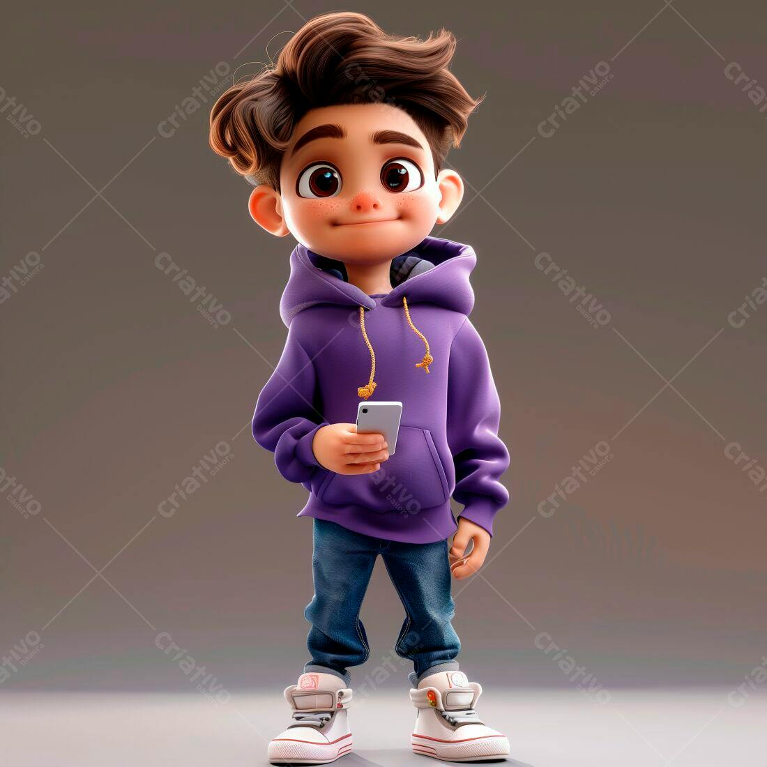 Menino fofo usando celular roxo