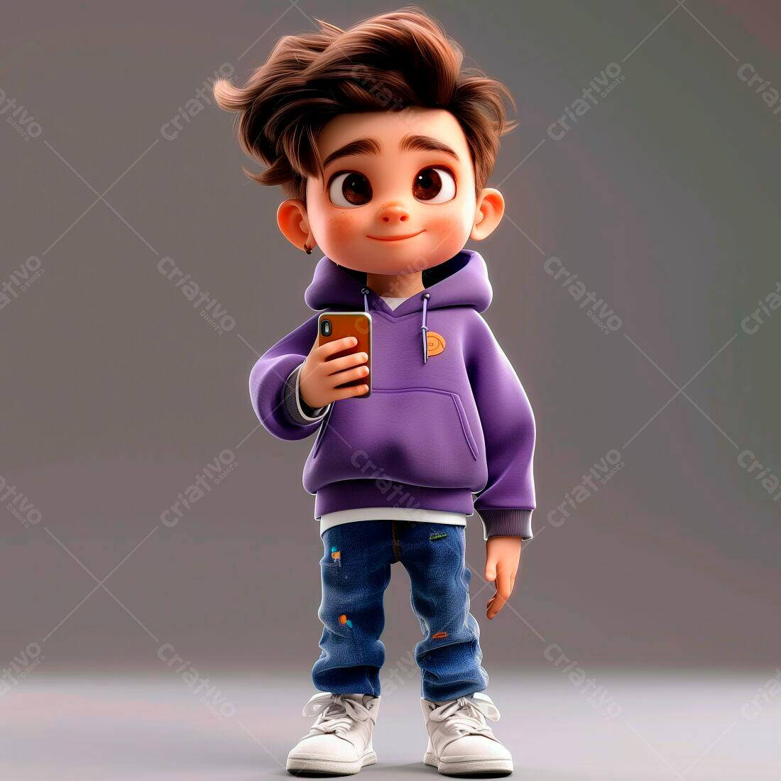 Menino fofo usando celular roxo