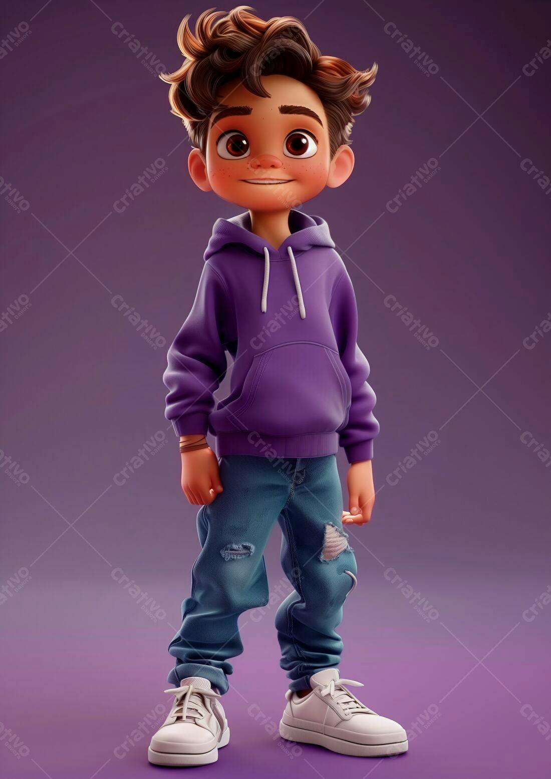 Menino desenho animado roxo e jeans rasgados