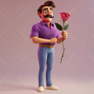 Um homem com bigode segurando uma rosa