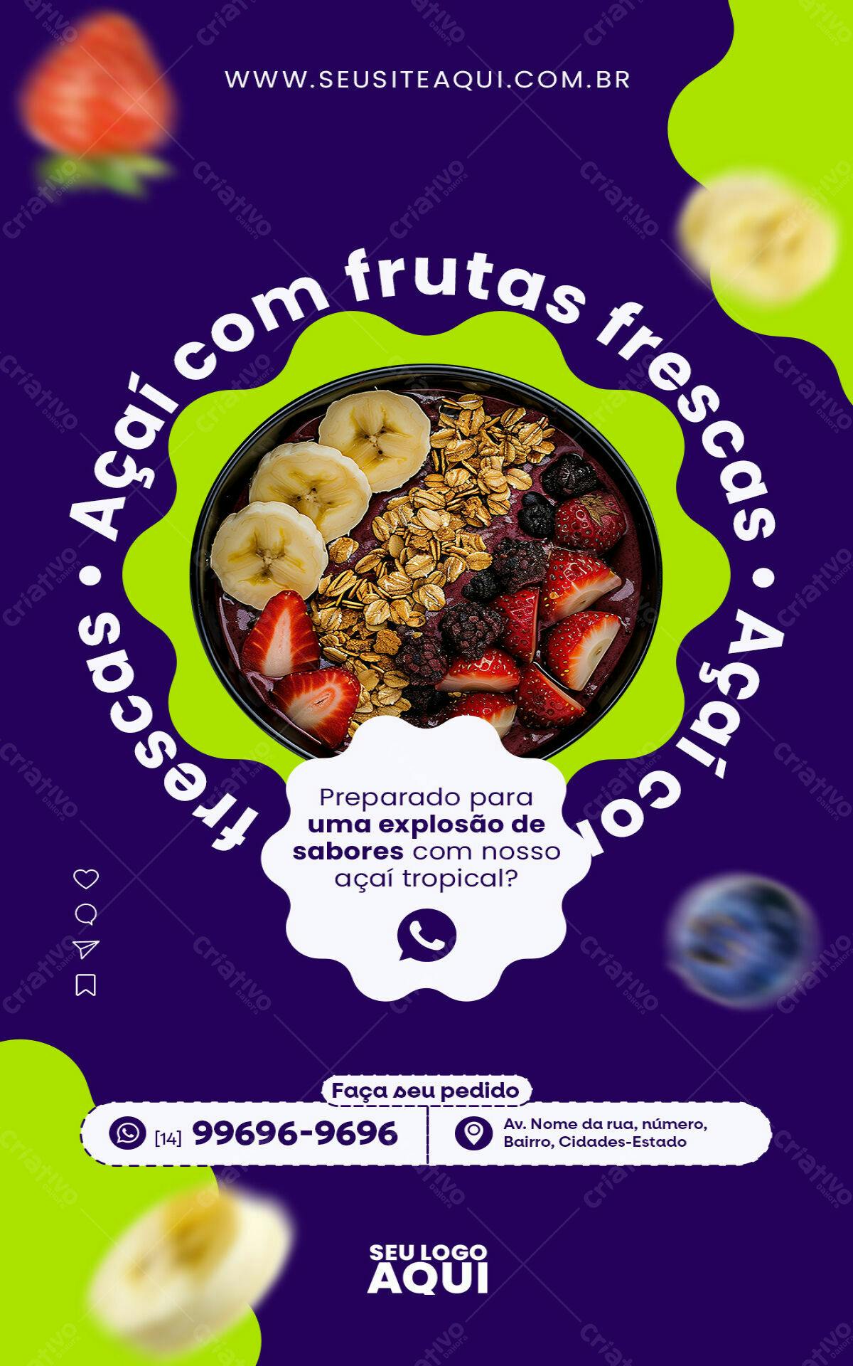 Flyer para Açaí com Frutas Frescas PSD Editável