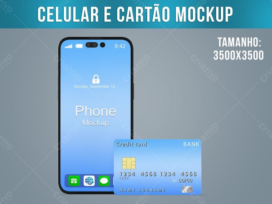 Mockup Realista de Celular e Cartão de Crédito Azul
