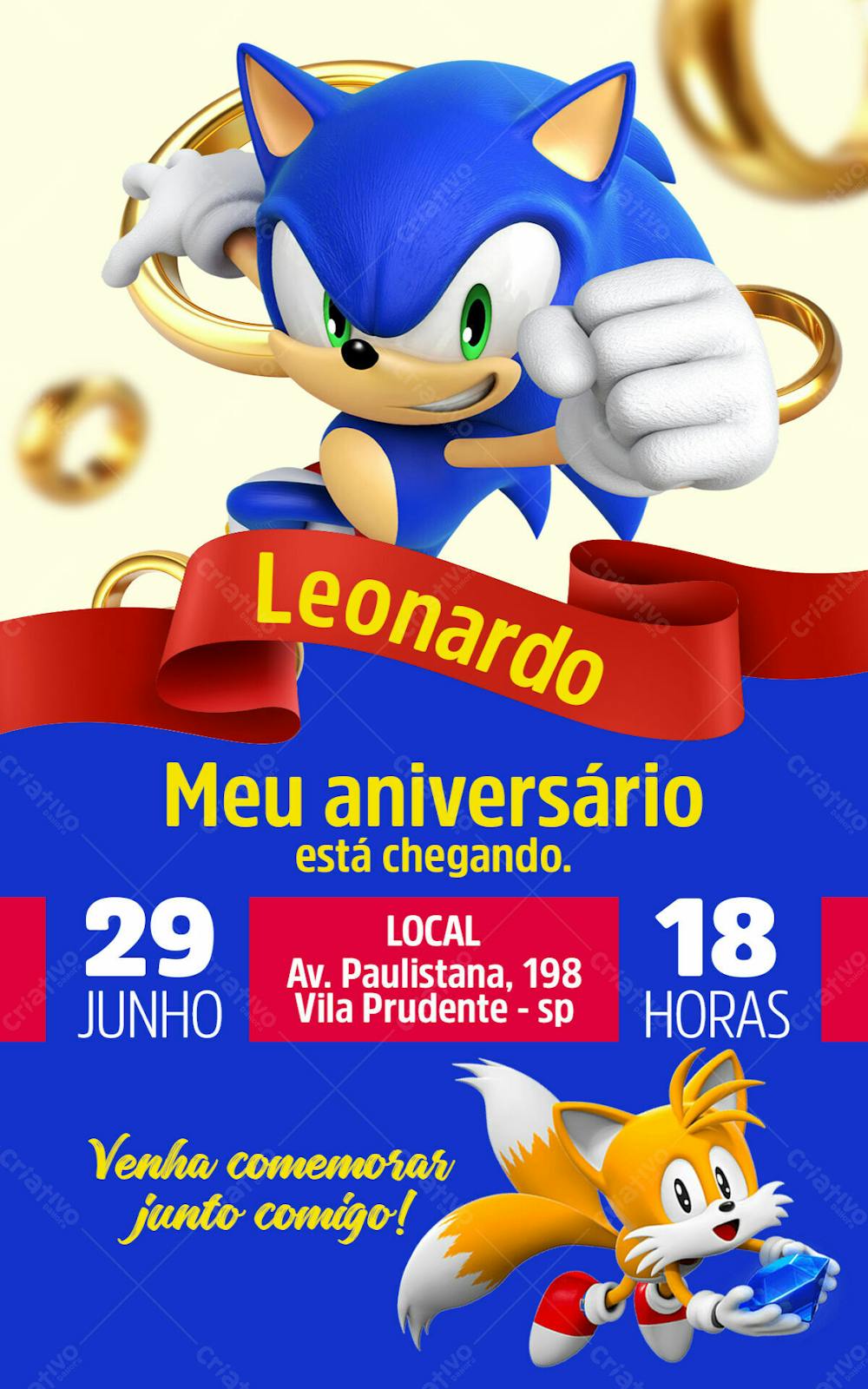 Convite De Aniversário Infantil Tema Sonic