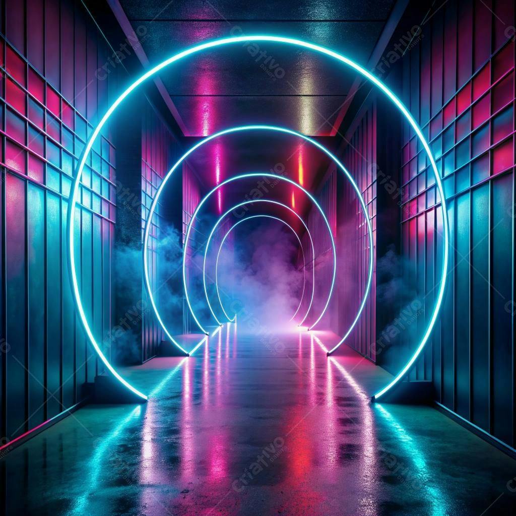 Corredor Neon com Anéis de Luz Rosa e Azul