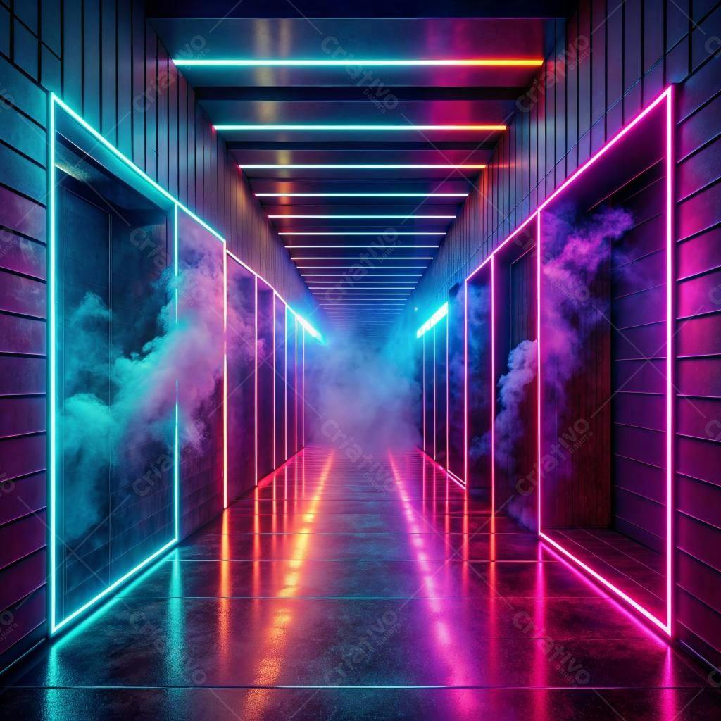 Corredor Neon com névoa rosa e azul