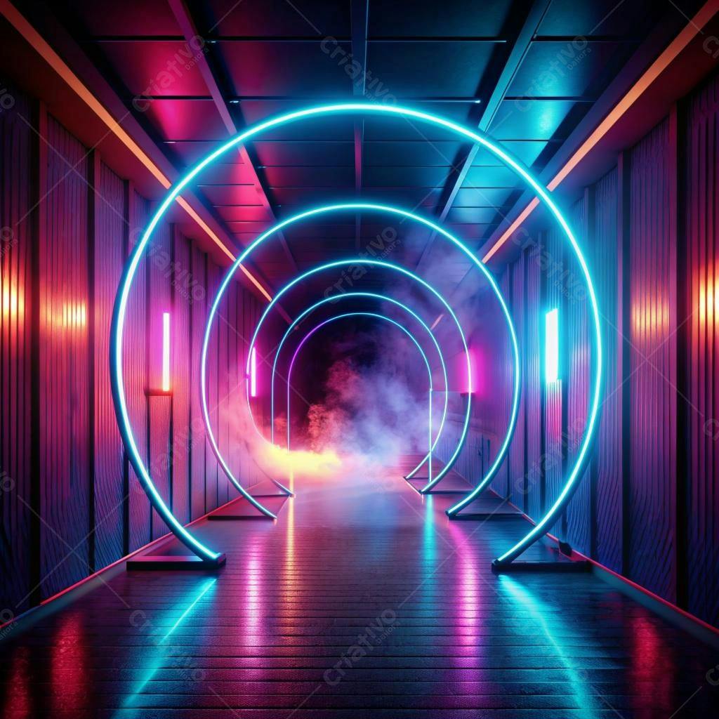 Corredor Neon com Arcos e Névoa