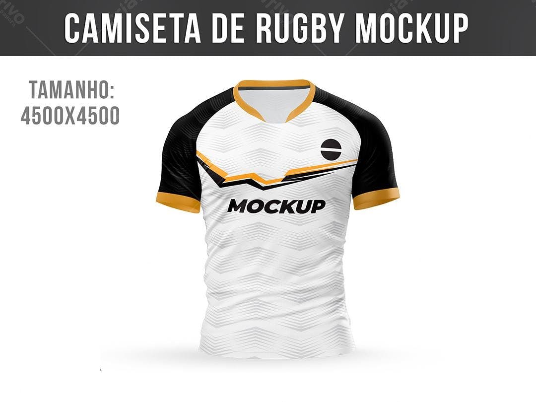 Mockup Camiseta Rugby: Design Moderno em Branco, Preto e Dourado