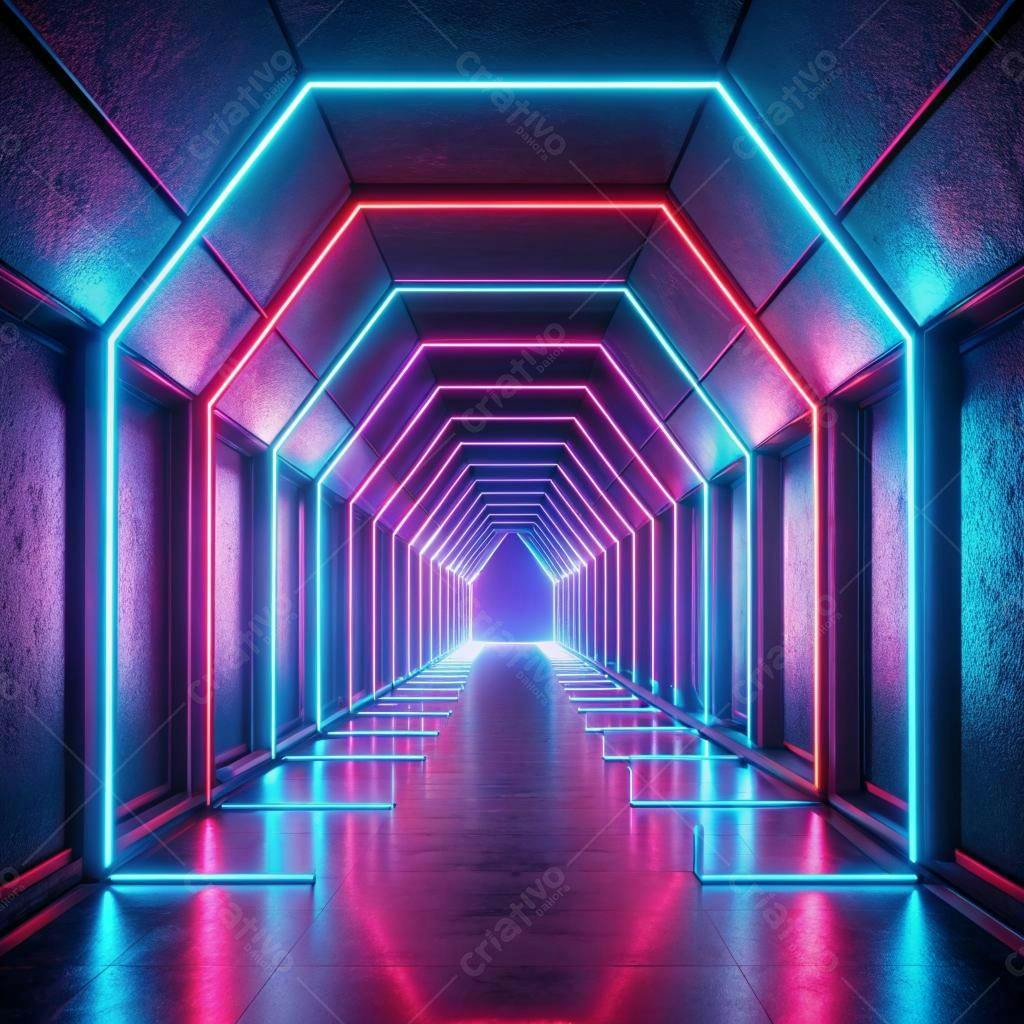 Corredor futurista com luzes neon rosa e azul