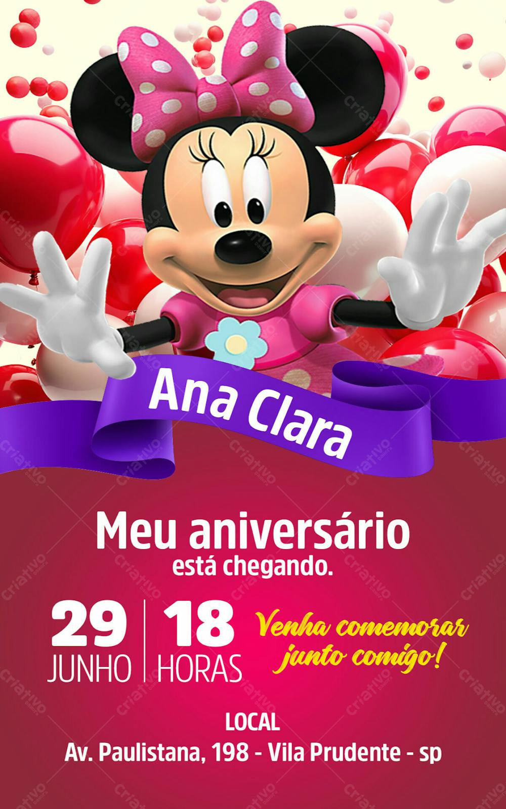 Convite De Aniversário Infantil Tema Minnie