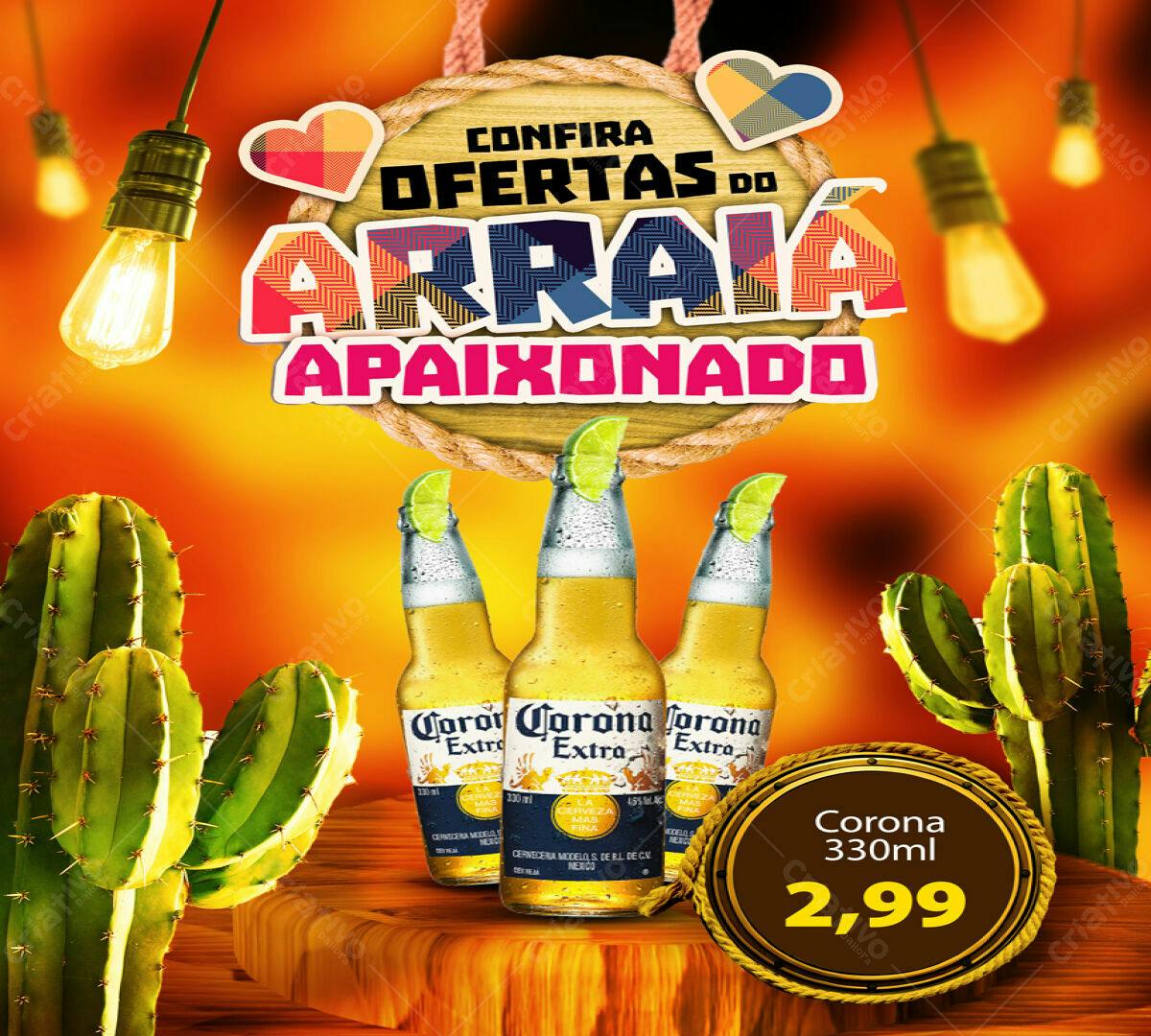 Flyer Arraial Apaixonado com Cerveja Corona PSD Editável