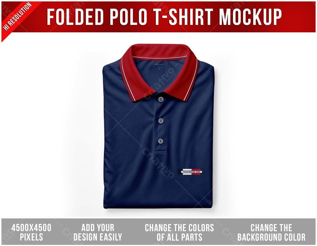 Mockup Camiseta Polo Dobrada: Azul Marinho e Vermelho