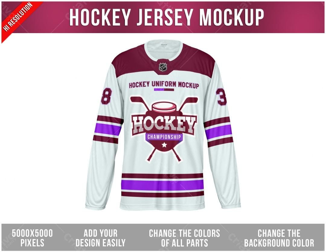 Mockup Camiseta de Hóquei: Design Realista Branco, Bordô e Lilás