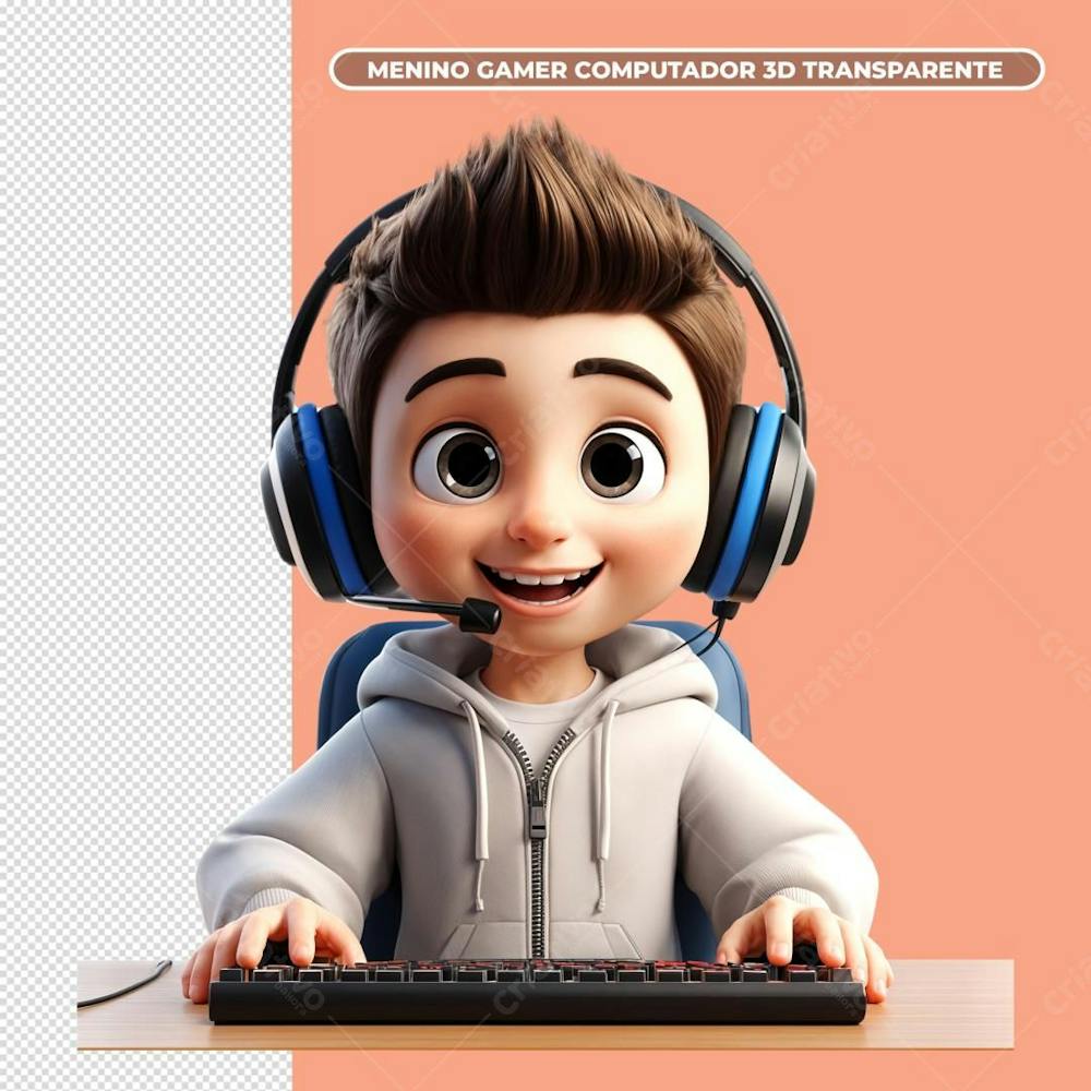 Menino Gamer Computador 3D Transparente