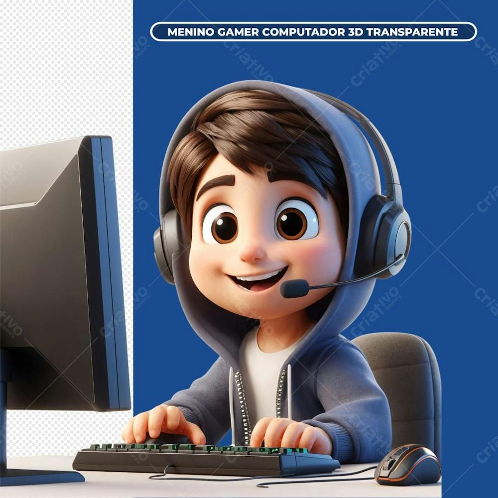 Menino Gamer No Computador 3D Transparente