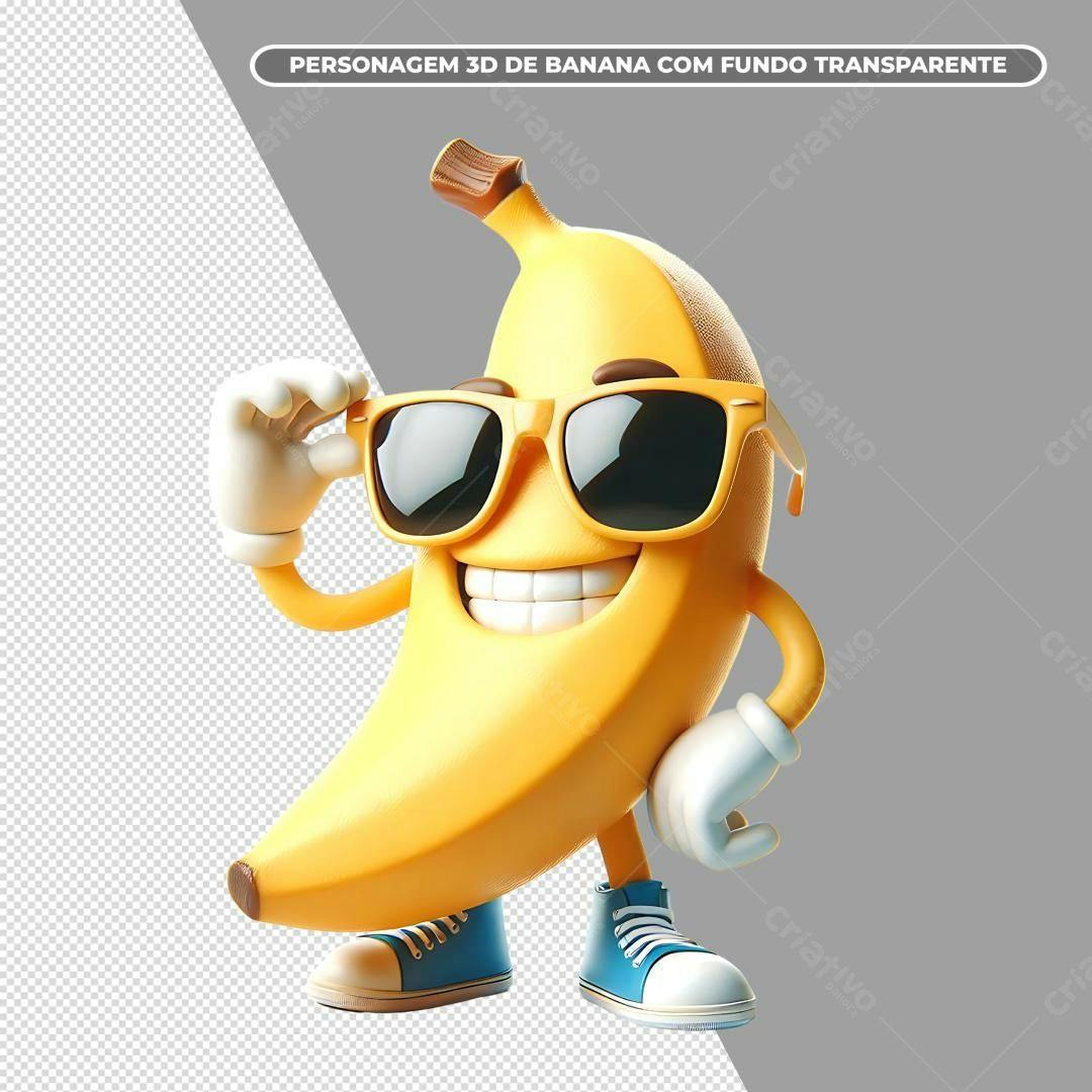 Personagem Banana 3D com Óculos PSD Editável