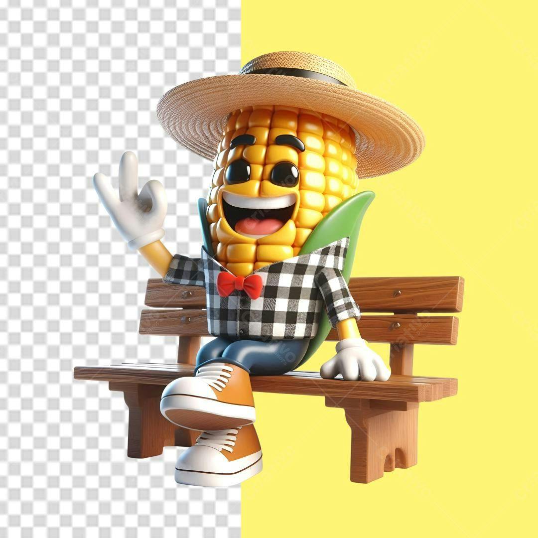 Personagem Milho em Banco de Madeira PSD Editável