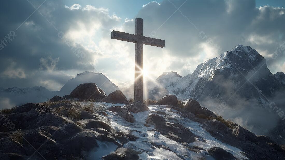 Cruz de madeira em montanha nevada ao amanhecer